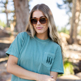 Embroidered Pine Trees (on front) / Printed The Great Outdoors (on back) - Light Green Pocket Tee