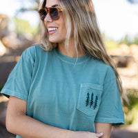 Embroidered Pine Trees (on front) / Printed The Great Outdoors (on back) - Light Green Pocket Tee