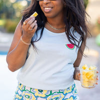 Embroidered Watermelon (on front) / Printed Life is Short Make it Sweet (on back) - Light Blue Comfort Colors TANK