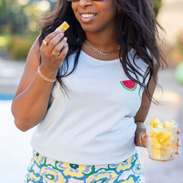 Embroidered Watermelon (on front) / Printed Life is Short Make it Sweet (on back) - Light Blue Comfort Colors TANK