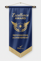 30" x 42" Satin Awards Banners have the highest quality dye sublimation paper transfer print. Banners can be sewn with a wood dowel top and/or bottom, straight or V cut bottom, and with or without fringe. Other options include decorative balls, spear tips, or metal eye hooks for hanging. Material options are Satin or Polyester Poplin (cotton look and feel). Uses include conferences, banquets, ceremonies, awards, and motivational. See page 10 of the catalog for illustrations and more details. PDQ Signs logo 