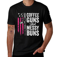 Coffee Guns And Messy Buns - Pink AR15 USA Funny Womens Gun  Ribbed Collar T-Shirt