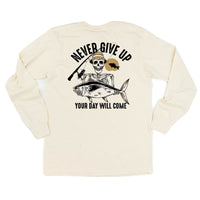 Fishing Skelly - Never Give Up (pf&b) - Long Sleeve Comfort Colors Tee