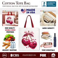 Sequin Pink Cherry Heart Canvas Tote Bag, Valentine Coquette Trendy Women Gift