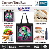 Vaperwave Frankenstein Retro Neon Horror Canvas Tote Bag, Synthwave 80's Styled Classic Halloween Gift