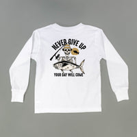 Fishing Skelly - Never Give Up (pf&b) - Child Long Sleeve Tee