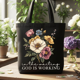 In the Waiting God Is Working Floral Christian Canvas Tote Bag, Vintage Wildflower Faith Gift Shopper