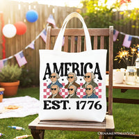 America Est 1776 Founding Fathers Vintage Canvas Tote Bag, Retro Patriotic Gift Shopper