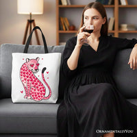 Pink Leopard Valentine Canvas Tote Bag, Cute Hearts Reusable Urban Bag
