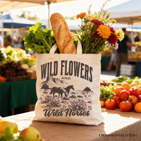 Wild Flowers and Wild Horses Canvas Tote Bag, Retro Western Gift for Free-Spirited Women