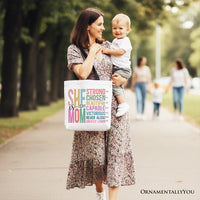 Inspirational Christian Mom Canvas Tote Bag, Affirmation Gift Shopper for Strong and Motivated Mothers