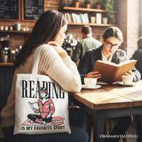 Reading Is My Favorite Sport Bookworm Canvas Tote Bag, Retro Bibliophile Gift Shopper