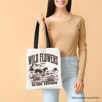 Wild Flowers and Wild Horses Canvas Tote Bag, Retro Western Gift for Free-Spirited Women