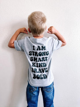 Big Yellow Checker Smiley - I am Strong Smart Kind Brave Bold (f & b) - Child Tee