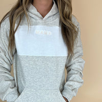 Colorblock Hoodie - Oatmeal + White  - Embroidered MAMA (Cream Thread)