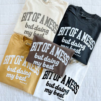 Bit Of a Mess (But Doing My Best / Mama on Sleeve) - Neutrals - LMSS® Exclusive - Long Sleeve Comfort Colors Tee
