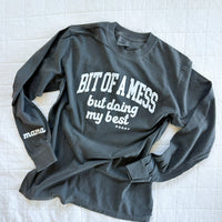 Bit Of a Mess (But Doing My Best / Mama on Sleeve) - Neutrals - LMSS® Exclusive - Long Sleeve Comfort Colors Tee