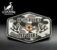 If It Flies Acrylic Hat Patch Linen Camo Design with Copper Acrylic Insert - 2 Pieces - 4 Colors Available