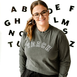 Embroidered LONG SLEEVE Comfort Colors Tee - TEACH - (Varsity Outline) White Thread