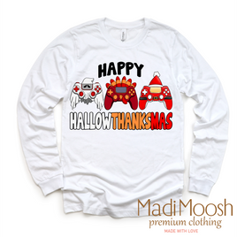 Happy HallowThanksMas Halloween Tee - Long Sleeve White Shirt