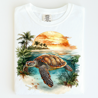 Retro Sea Turtle Ocean Sunset Scene Shirt - Printed On Comfort Colors