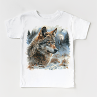 Retro Wolf Watercolor Nature Scene Shirt - Kids Tee