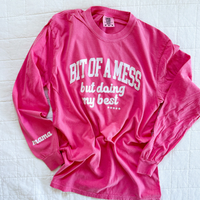 Bit Of a Mess (But Doing My Best / Mama on Sleeve) - Neutrals - LMSS® Exclusive - Long Sleeve Comfort Colors Tee
