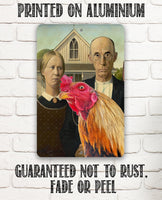 American Gothic Painting - Interrupted by Rooster - Metal Sign
