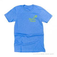BEACH PLEASE POCKET DESIGN FRONT / 2 PALM TREES BACK - Unisex Tee