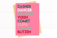 Reindeer Names Pink Modern Christmas Card