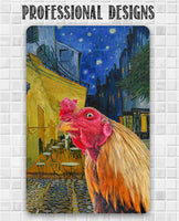Café Terrace at Night Painting - Interrupted by Rooster - Metal Sign