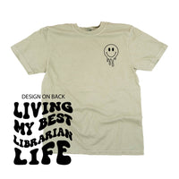 Living My Best Librarian Life - Melty Smiley (pf & b) - Comfort Colors Tee