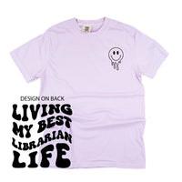 Living My Best Librarian Life - Melty Smiley (pf & b) - Comfort Colors Tee