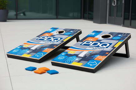 Cornhole Boards with company logo Pdq signs logo and background image