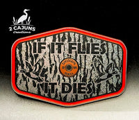 If It Flies Acrylic Hat Patch Tree Bark Design with Copper Acrylic Insert - 2 Pieces - 4 Colors Available