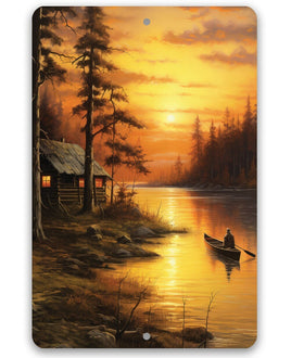 Cabin on the Lake Painting Art - Metal Sign