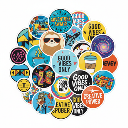 Circle cut round custom vinyl stickers in various sizes and colorful designs on white background