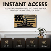 Dont Tread on Me Concealment Shelf - Quick Access Patriotic Hidden Gun Storage with Magnetic Lock - Safe & Secure Gun Concealment Furniture (Distressed)