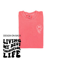 Living My Best Counselor Life - Melty Smiley (pf & b) - Comfort Colors Tee