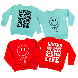 Living My Best (Choose Your Grade) Life - Melty Smiley (f & b) - Child Sweater