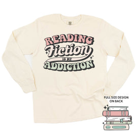 Reading Fiction is My Addiction on Front w/ Books on Back - Long Sleeve Comfort Colors Tee