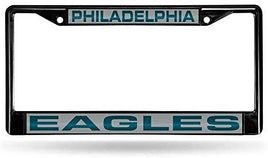 Philadelphia Eagles Black Metal License Plate Frame Tag Cover, Laser Acrylic Mirrored Inserts, 12x6 Inch
