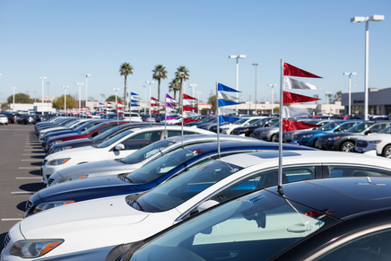 Multi-Flag Antenna Totem Kits on Cars at Dealership