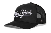 New York City White Script Trucker Hat  |  NY Snapback