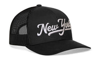 New York City White Script Trucker Hat  |  NY Snapback