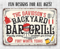 Personalized - Backyard Bar and Grill - Metal Sign