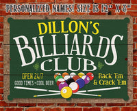 Personalized - Billiard Club - Metal Sign