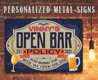 Personalized - Open Bar Policy - Metal Sign
