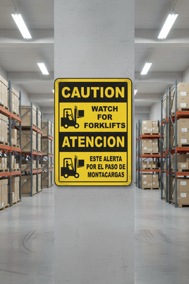 Bilingual Caution Watch For Forklifts Sign