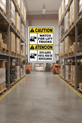 Bilingual Caution Watch For Lift Trucks Sign